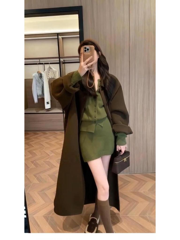 Elegant Autumn-Winter Knitted Faux Two-Piece Set: Ladies' Fashion Top & Short Skirt