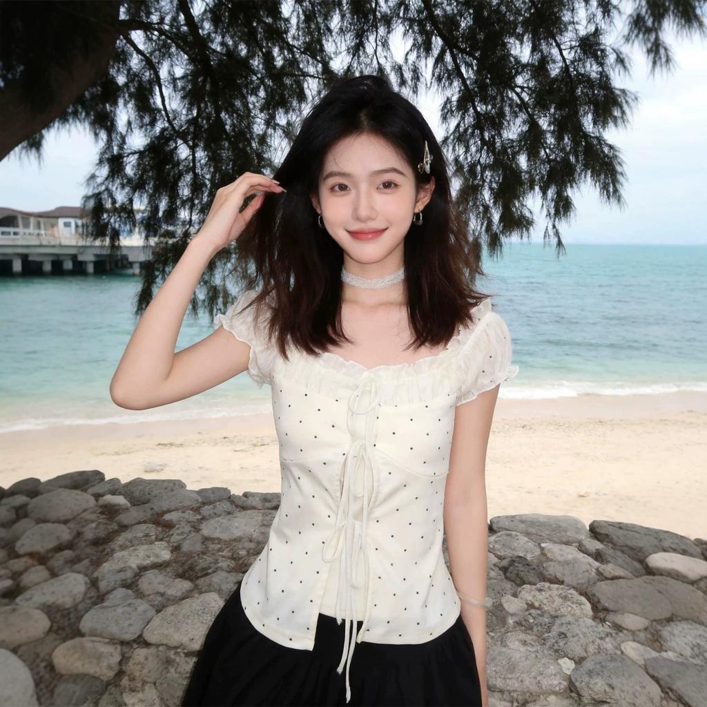 Korean pure desire storm point one-word collar short-sleeved t-shirt women's summer new slim-fitting sweet short fake two-piece top