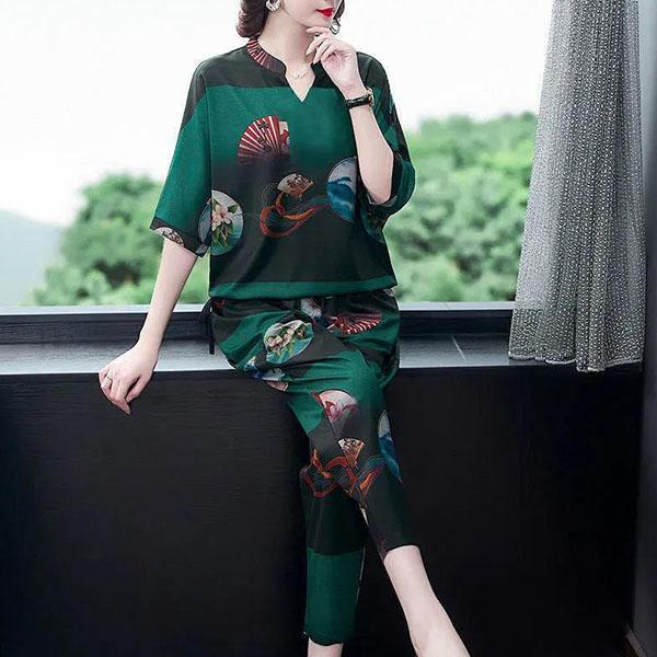 Completo da donna in due pezzi casual, con stampa, taglie forti, modello primavera ed estate, modello M-4XL, top a maniche corte e pantaloni cropped.