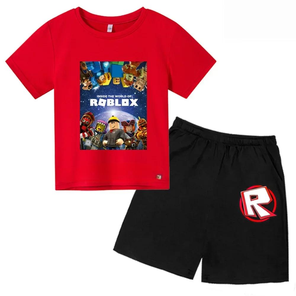 2025 MINISO Roblox Tshirt Kids Clothes Girls Tops Summer Baby Shorts Sports T-shirt Boys Shorts Children's Clothing Suit 414years
