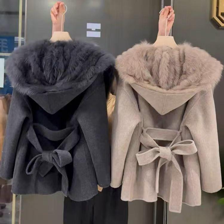 Rosa Kapuzenmantel Damen Herbst Winter Wollmantel Pelzmantel Duftender Wind Hochwertig Leicht Kurz Kragen