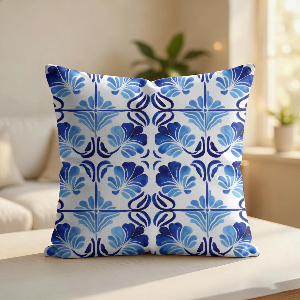 Blue Tile Pattern Cushion Cover Silky Short Plush Invisible Zipper Dustproof Sofa Pillow Case For Home Decor