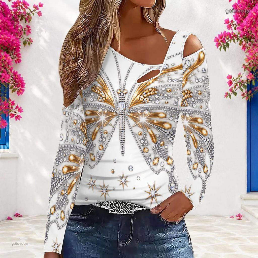Women Plus Size Asymmetric Cutout Neck Cold Shoulder Long Sleeve Fitted Pastel Gradient Printed Top