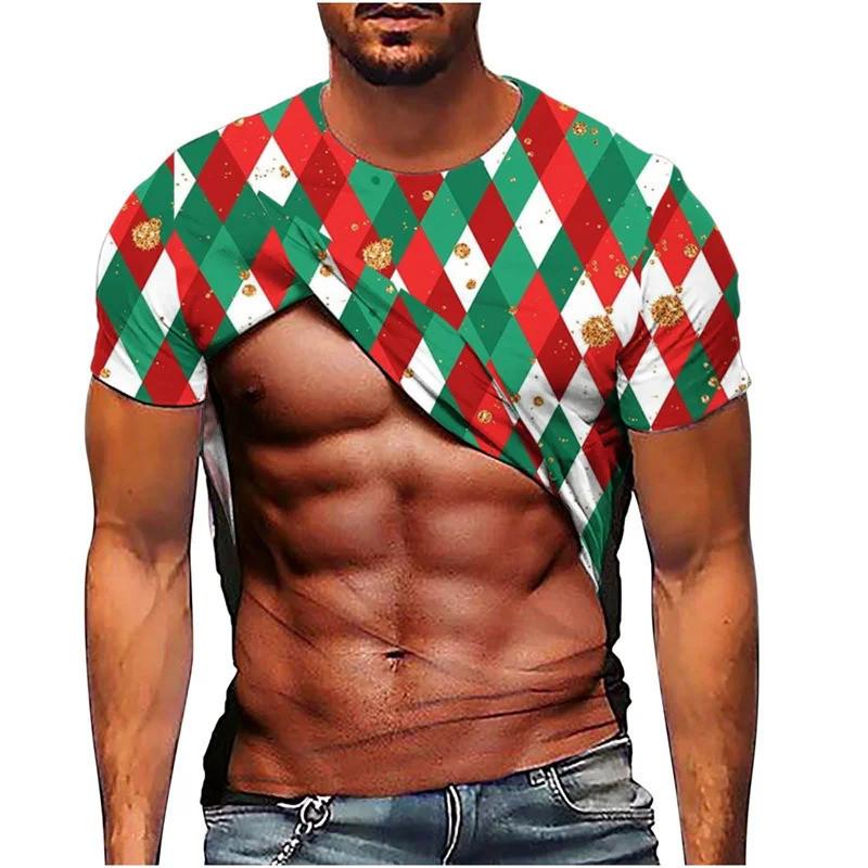 Round neck short sleeved Christmas fake abs pattern T-shirt, ugly Christmas top, men's gift funny 3D printed men's ugly Christmas T-shirt,