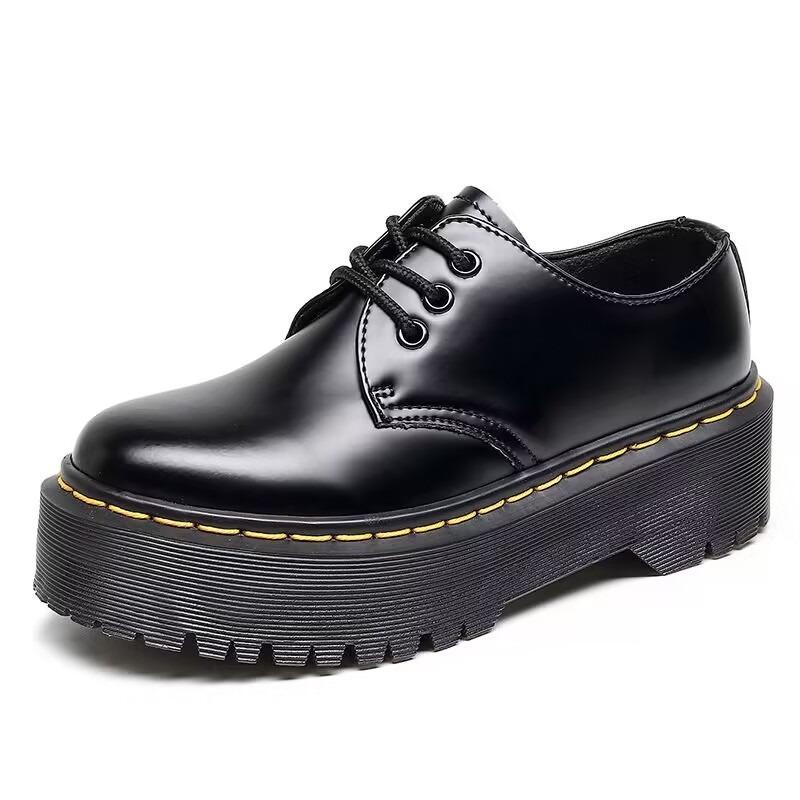 Yang Mi Thick Bottom Hole Uad Women's Boots Low Top Leather British Round Head Student Muffin