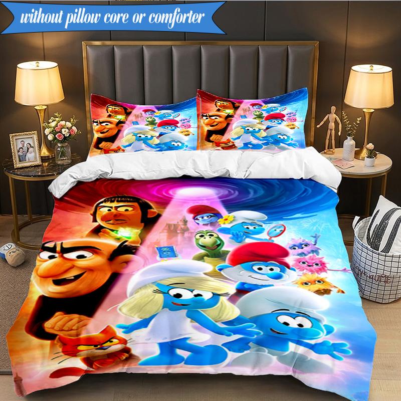 3PCS Blue Smur-f Characters Bedding Set,Including 1pc Duvet Cover And 2pcs Pillowcases Perfect for Bedroom, Dormitory, Fan Christmas gift