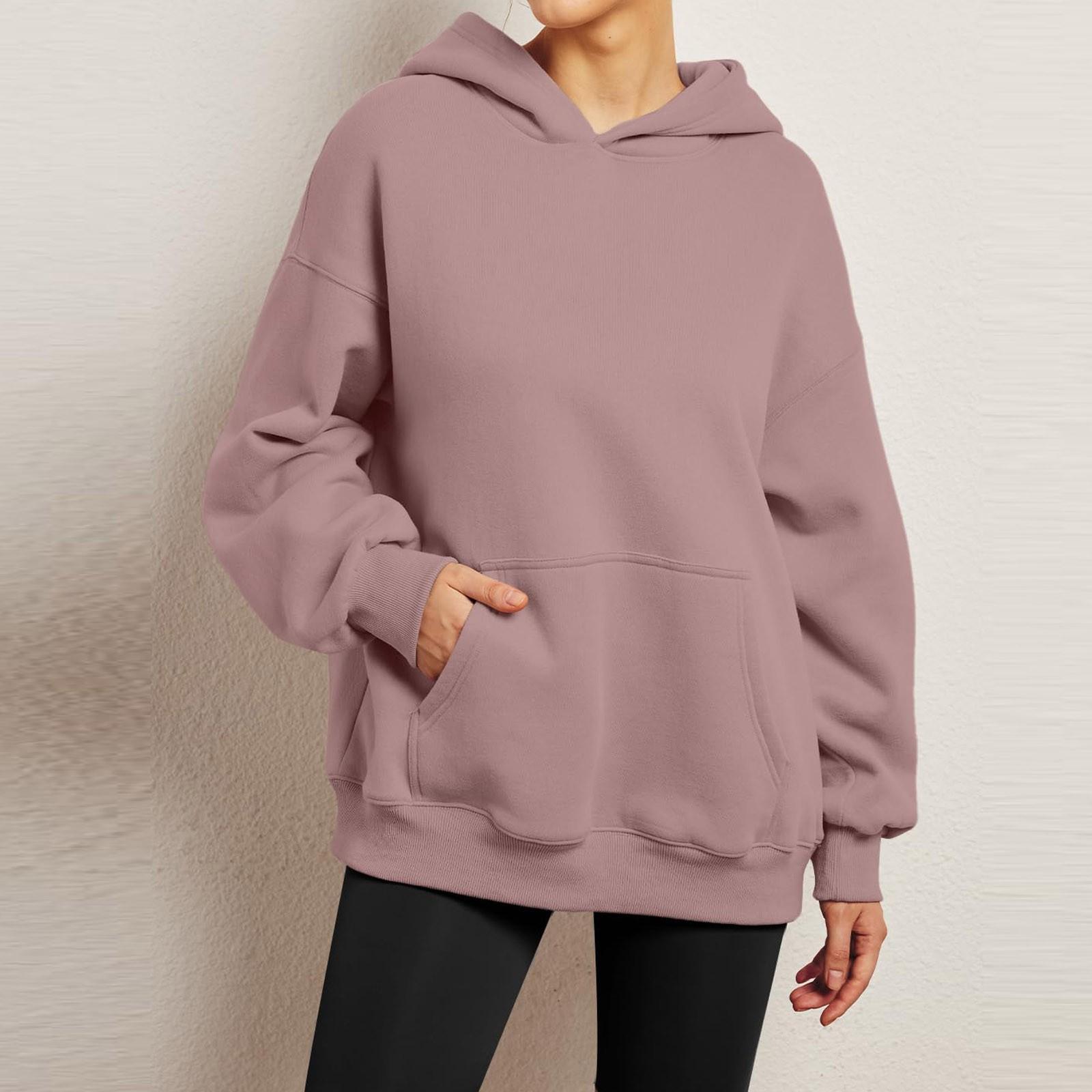 Womens Oversized Sweatshirts Fleece Hoodies Long Sleeve Shirts Pullover Fall Clothes With Pocket L розовый