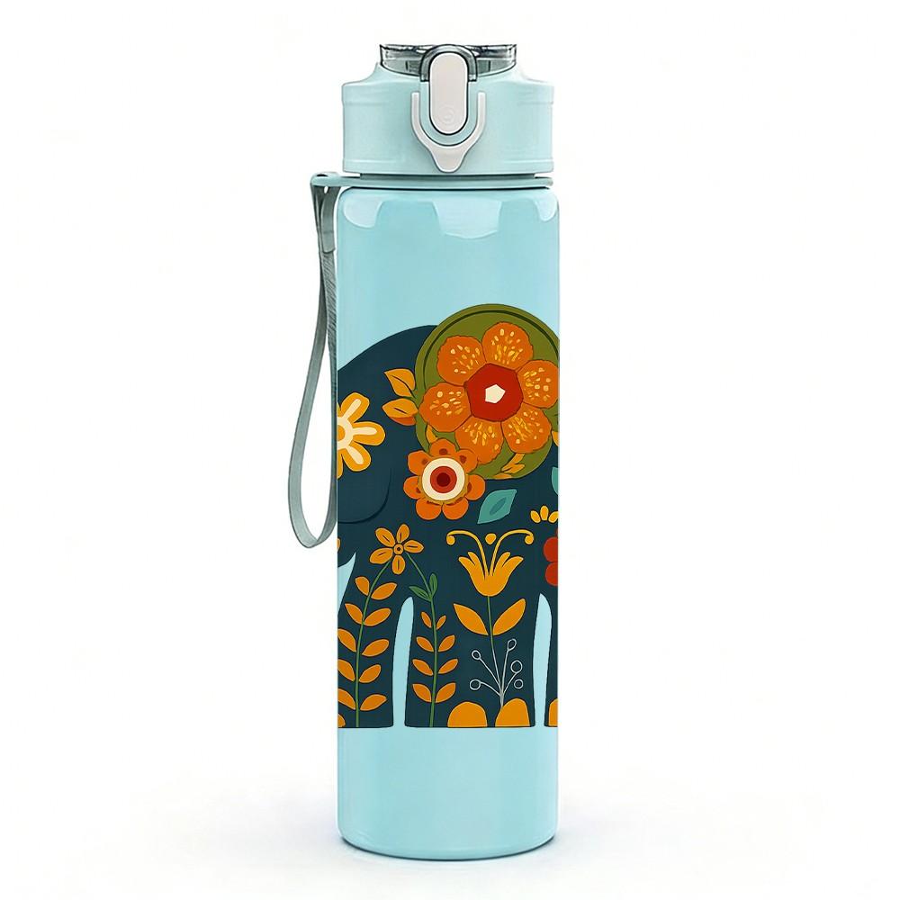 1PC Decorated Asian Elephant Print 750ml Color Plastic Sports Water Bottle Leakproof Flip Straw Lid Suitable for Sports Office Home Use