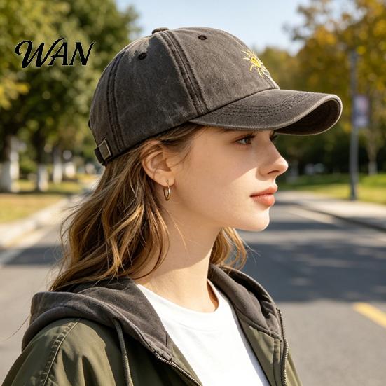 Breathable Baseball Hat Embroidery Sun Pattern Hat, Adjustable Back Buckle Retro Distressed Style Cap, Washed Cotton Fabric Outdoor Sunshade Cap Soft