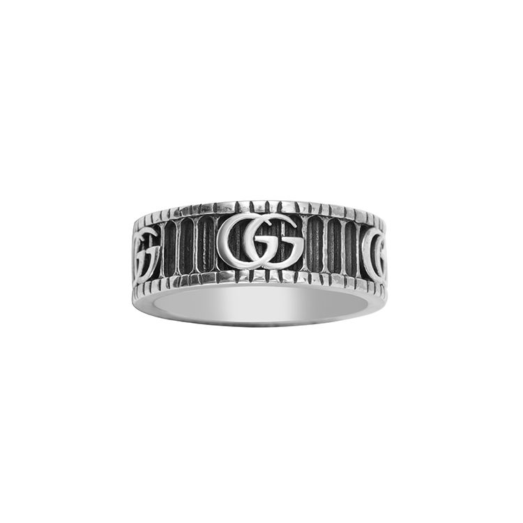 Gucci GG Marmont 3D Double G And Stripe Pattern Vintage Distressed Matte 925 Silver Ring Unisex rings Black 551899-J8400-0811