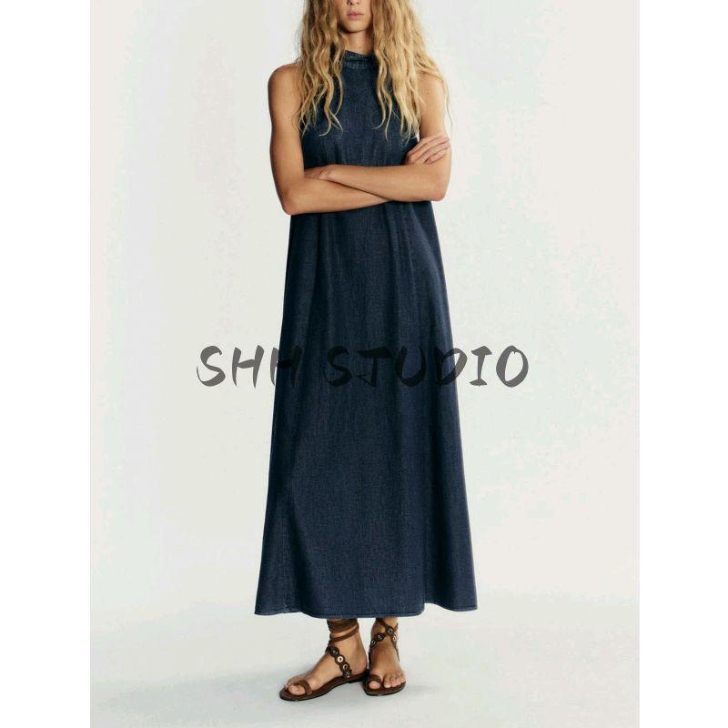 Autumn New Women clothes French style Commuter Style Simple Sleeveless Hanging Collar Denim Long Dress 6929287