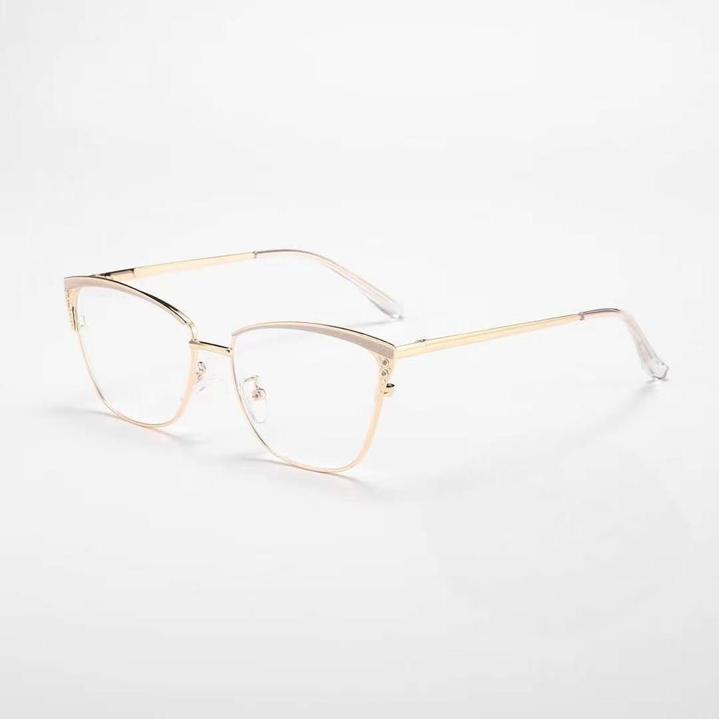 Fashion new trend European and American women fashionable metal cat eye frame spring leg personalized versatile anti-blue flat mirror