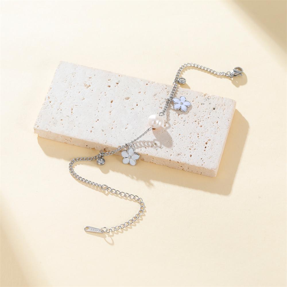 Daisy Flower Enamel Charms Bracelets Girls Imitation Pearl frangipani Plumeria Spring Summer Hand Chain Jewelry Stainless Steel
