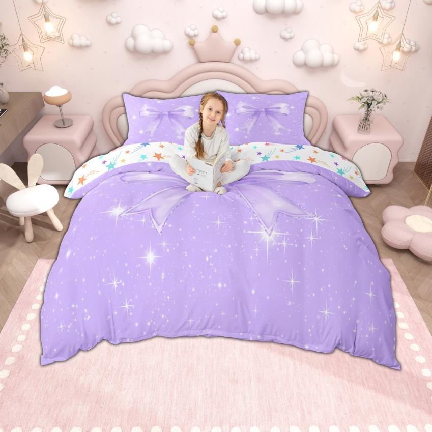 Comforter Homewish Princess Bowknot For Girls Cute Kawaii Bow Ribbon Set Glitter Stars Bedding Set