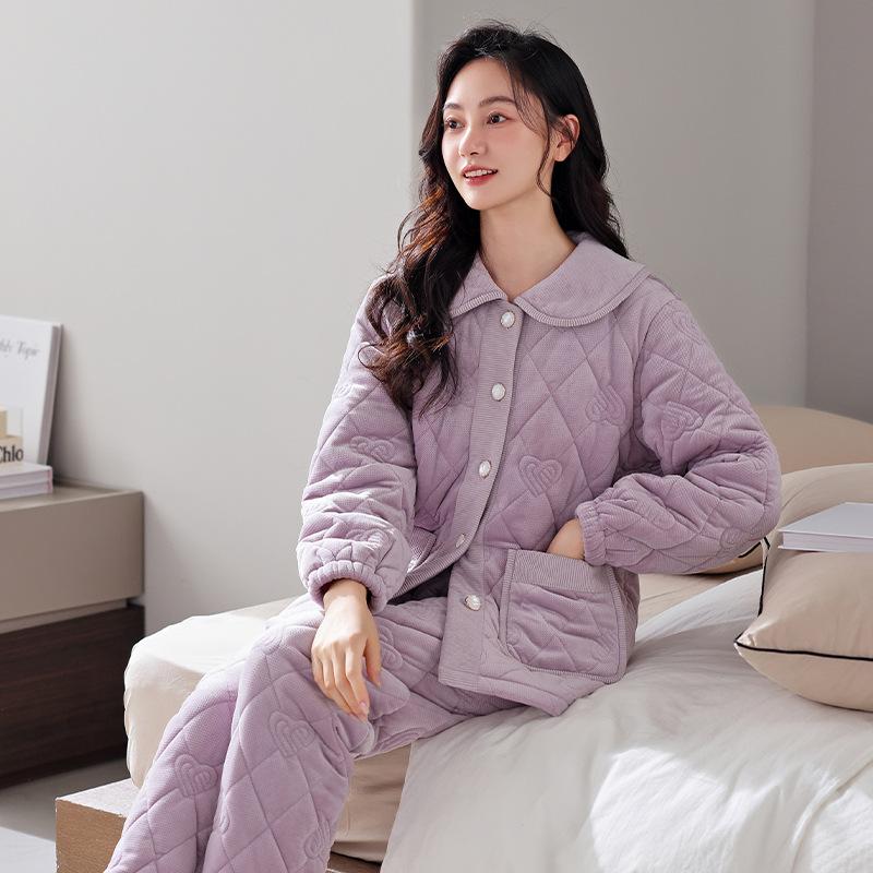 Pajamas Women'S Autumn And Winter Fleece Coral Fleece Winter Three-Layer Thin Cotton-Padded Warm Loungewear Set