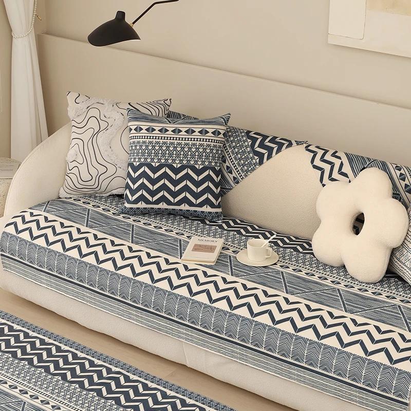 Retro Cotton and Linen Sofa Cushion Bohemian Sofas Cover Backrest Towel Geometric Pattern Anti Slip Wear-resistant Sofa Towel