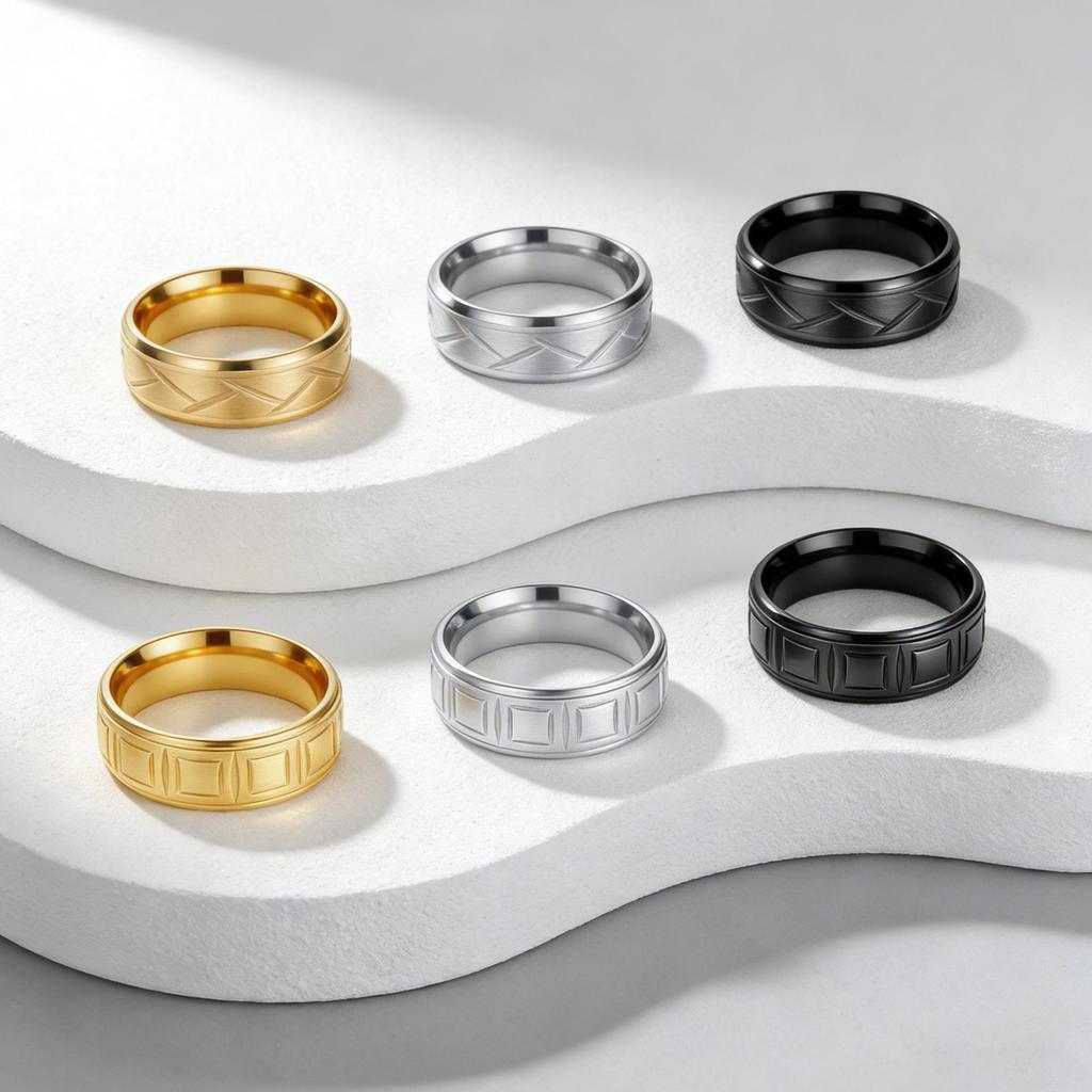 Retro Engraved Stainless Steel Men's Ring - Sanded Titanium, European & American Design, Colorfast