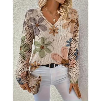 Elegant Autumn and Winter, Bohemian, Western-style Versatile Pullover V-neck Long Sleeved Women's Top, Trendy Women's Knitted Sweater