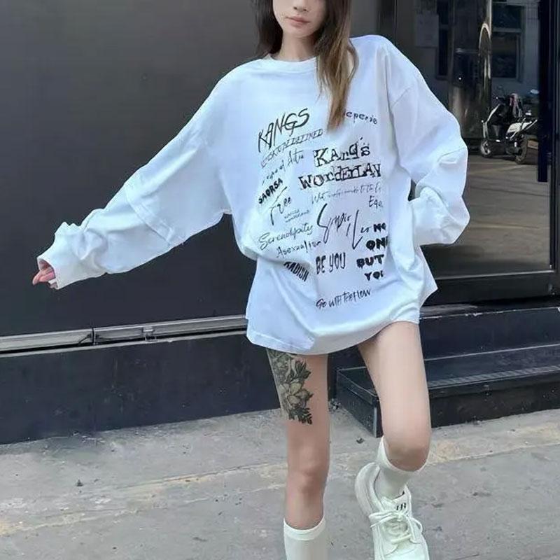 Fashion American Hand-Painted T-shirts Women's Clothing Vintage Letter 2025 Autumn Round Neck Casual Long Sleeve Loose Pullovers