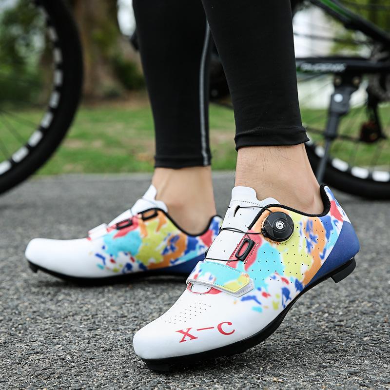 200618 Men's Women's Cycling Shoes Bicycle Lockless Rubber Bottom Road Mountain Lock Leather Surface Rotating Button