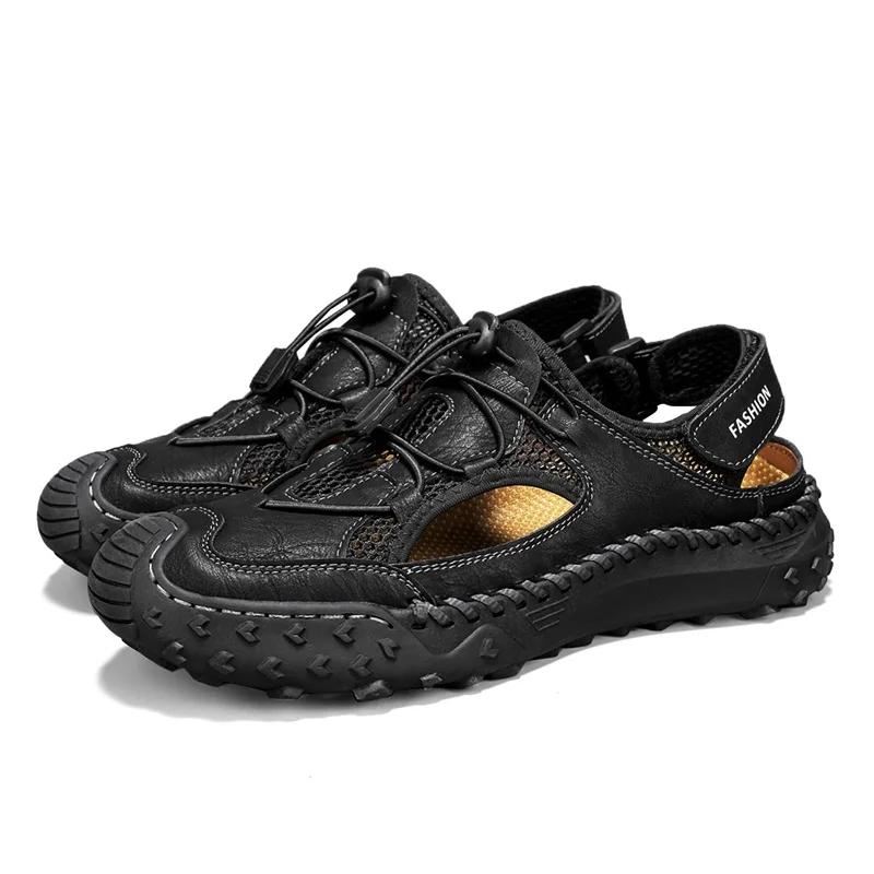 2025 Summer Breathable Men’s Beach Leather Designer Slippers Non-Slip Mule Luxury Roma Gladiator Sandals Men Casual Flip Flops