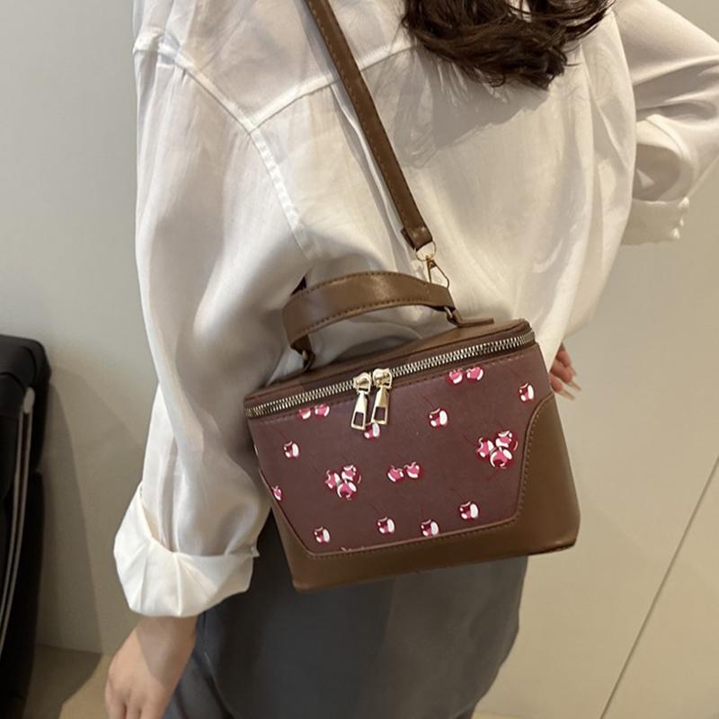 Chic Small Square PU Bag with Cherry Design Women's Trendy Crossbody Bag Sophisticate Commuter Handbag