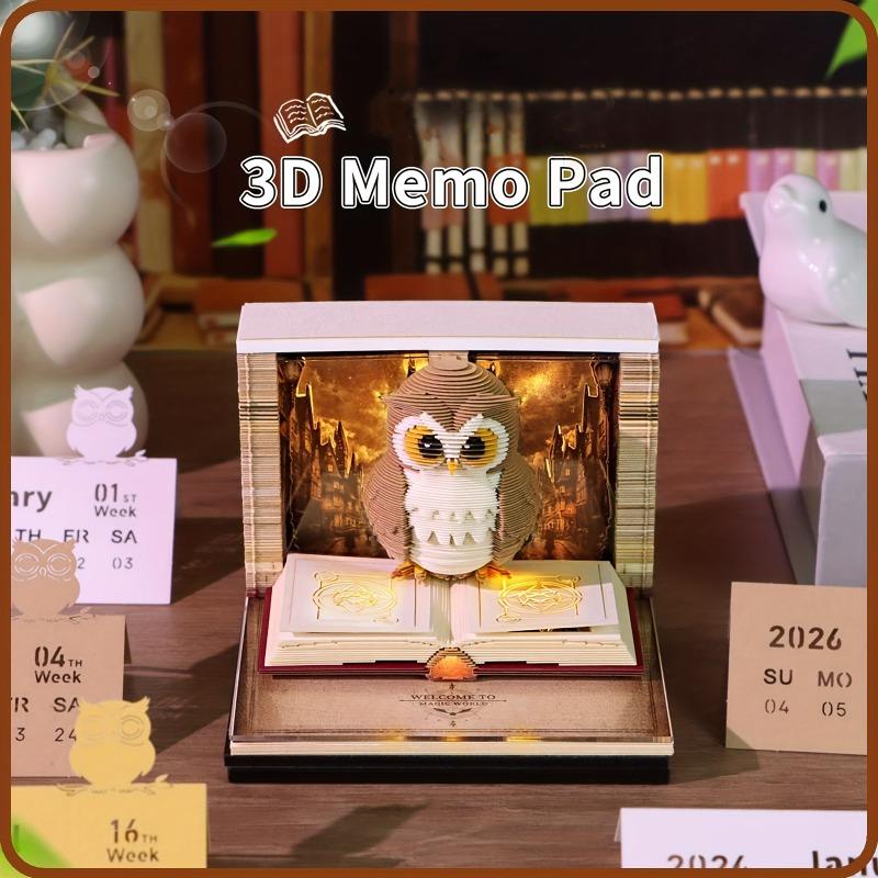 3D Owl 2026 Full-Year Calendar Calendar Magic Academy Theme Series Calendar Creative Desktop Ornament DIY Paper Carving Memo Pad