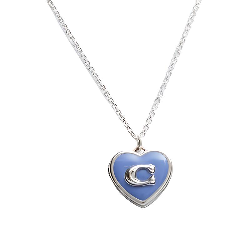 COACH Heart Shape Pendant Brass Necklace Women s Blue/Silver