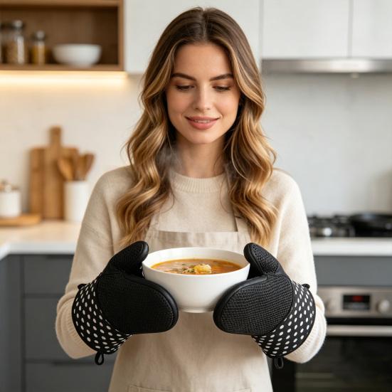 2Pcs Non-Slip Silicone Oven Gloves Heat Resistant Microwave Mitts for Baking Grilling Heavy Duty Cotton Lined Kitchen Gloves