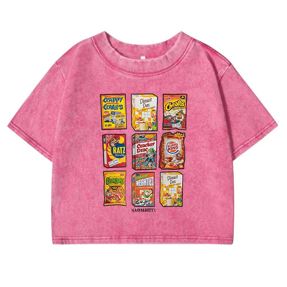 Retro Fun Snack Printing T-Shirt Female Washed Summer Tee Shirts Cotton Short Sleeve Slim Comfortable T Shirt For