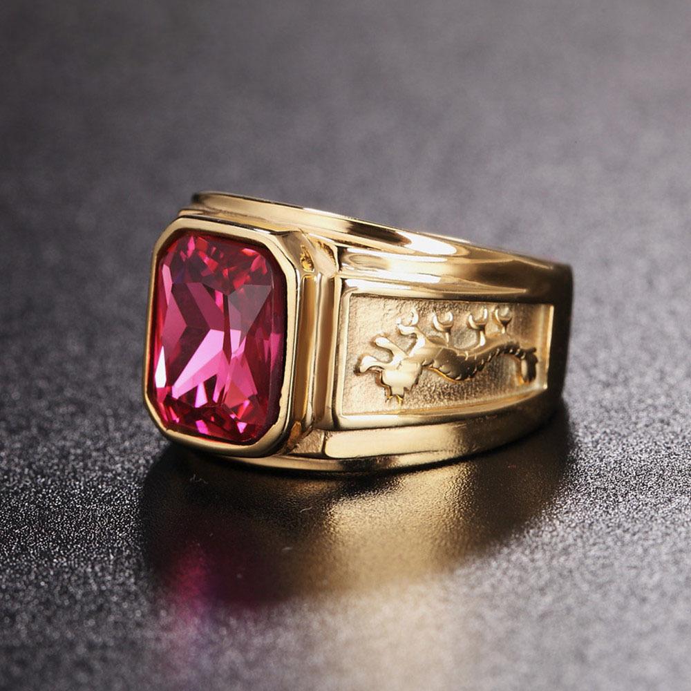 WOSIKATE 18K Gold Plated Domineering Dragon Pattern Ring For Men Vintage Square Zirconia Index Finger Ring Fashion Jewellery