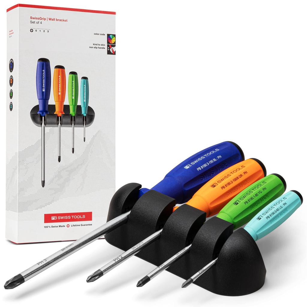 PB Swiss Tools SwissGrip Rainbow Screwdriver Set of 4 with 8242RBCBB Holder, Boxed,