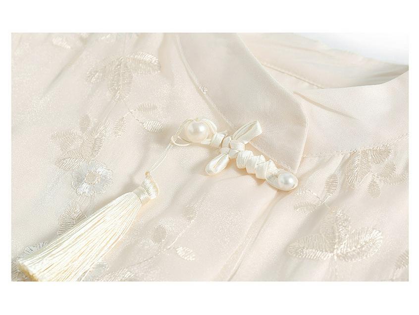 Mom's Summer Embroidered Tassel Stand Collar Chiffon Blouse for Middle-Aged Women