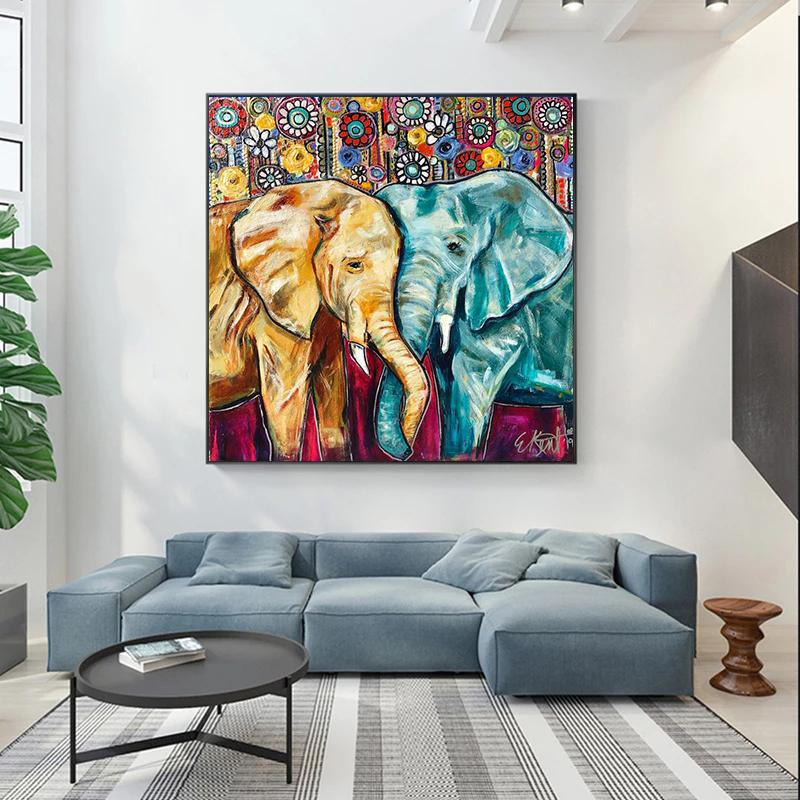 Two Elephants Lovers Flowers Art Canvas Painting Wall Art Posters and Prints Scandinavia Animal Pictrure for Room Home Decor