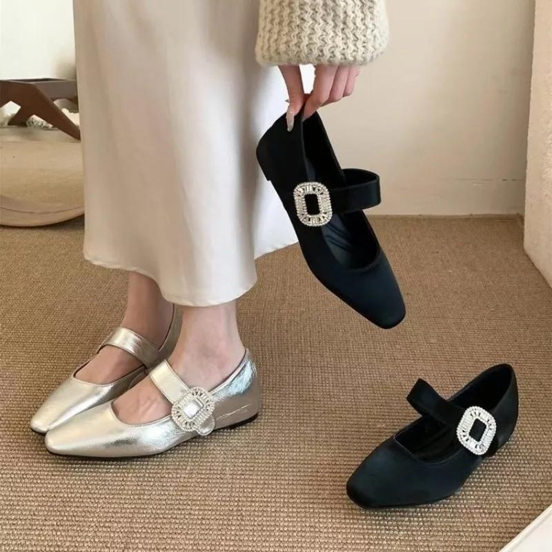 Fashion Versatile Womens Single Shoes with Low Heel Square Toe Straight Strap Anti Slip 2025 New Spring Outdoor Suede/PU Low Top Shoes