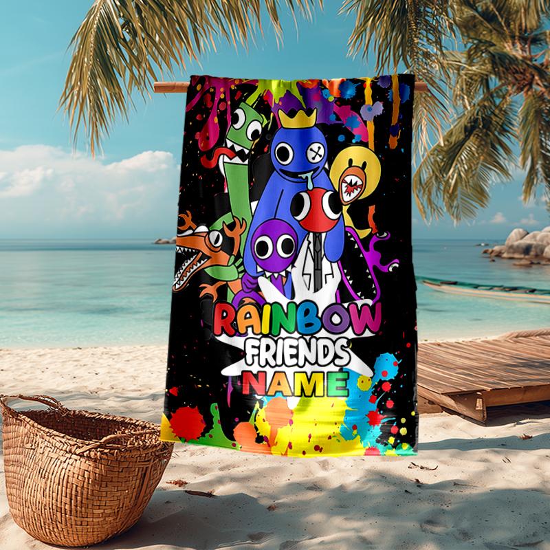 Custom Name Ultra-Soft Beach Towel with Rainbow Friends Theme,Ideal for Pool - Camping, Diving - Perfect Travel Essential, Vibrant Beach Towel.