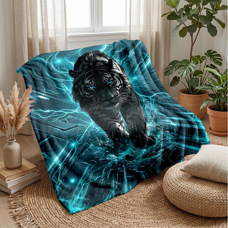 Energetic Blue Tiger Artwork Theme Blanket Lightweight Warm Flannel Blanket Decorative Throw Blanket for Home Decoration