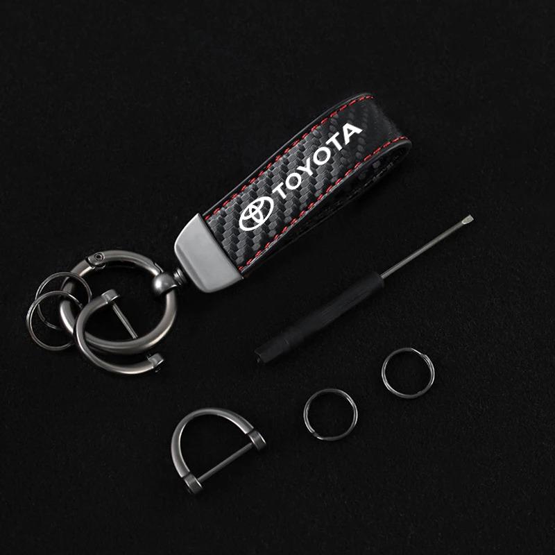 Carbon Fiber Leather Car Keychain Horseshoe Buckle Pendant For Toyota Camry Chr Corolla Rav4 Yaris Prius Keyring Accessories