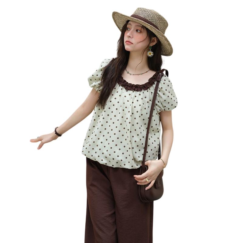 

Mixiu Women s Polka Dot Puff Sleeve Top & Wide-Leg Pants Set L