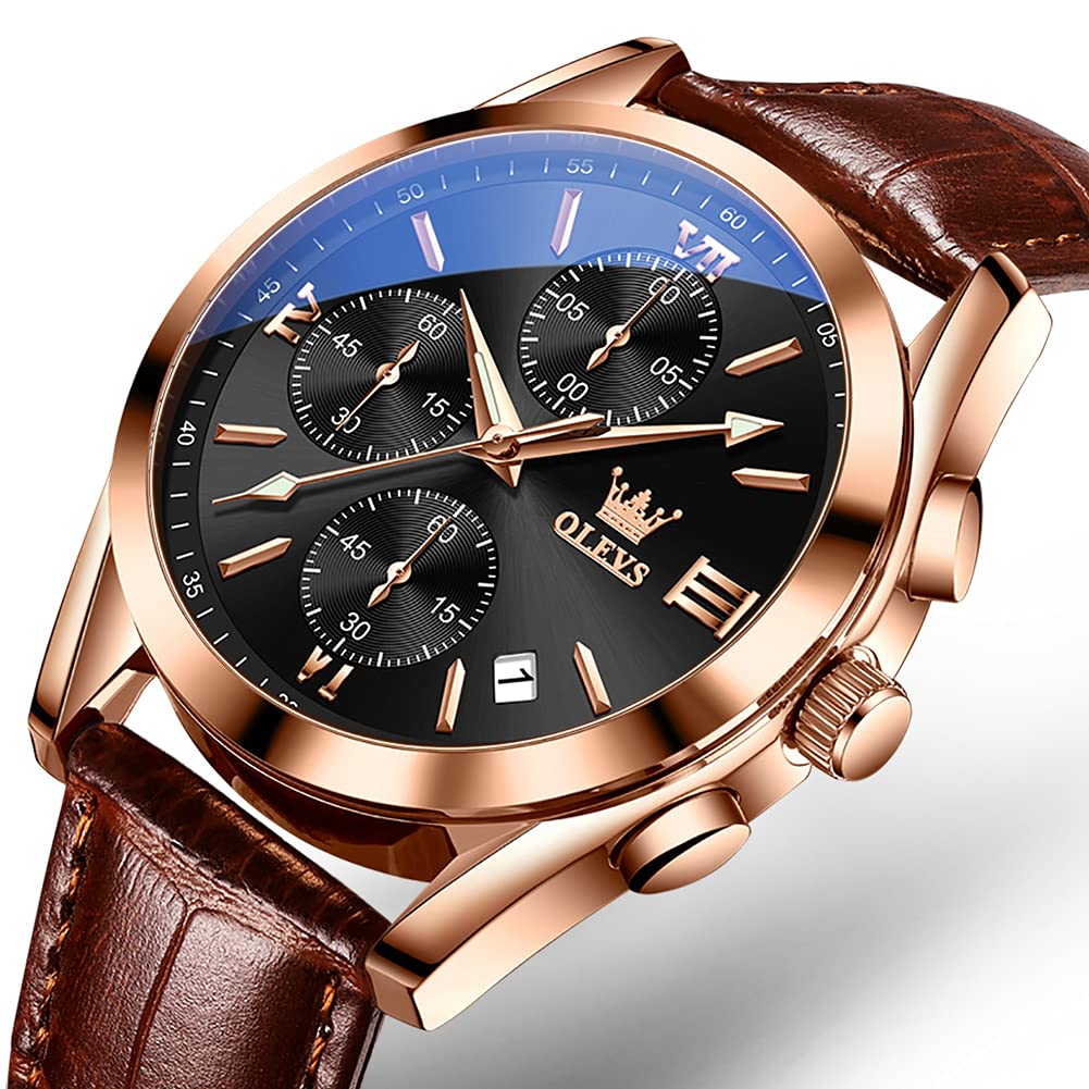 OLEVS Men's Waterproof Wristwatch, Simple and Stylish Business Watch with Brown Leather Strap, Analog Display, Date Display, Quartz Movement, Perfect