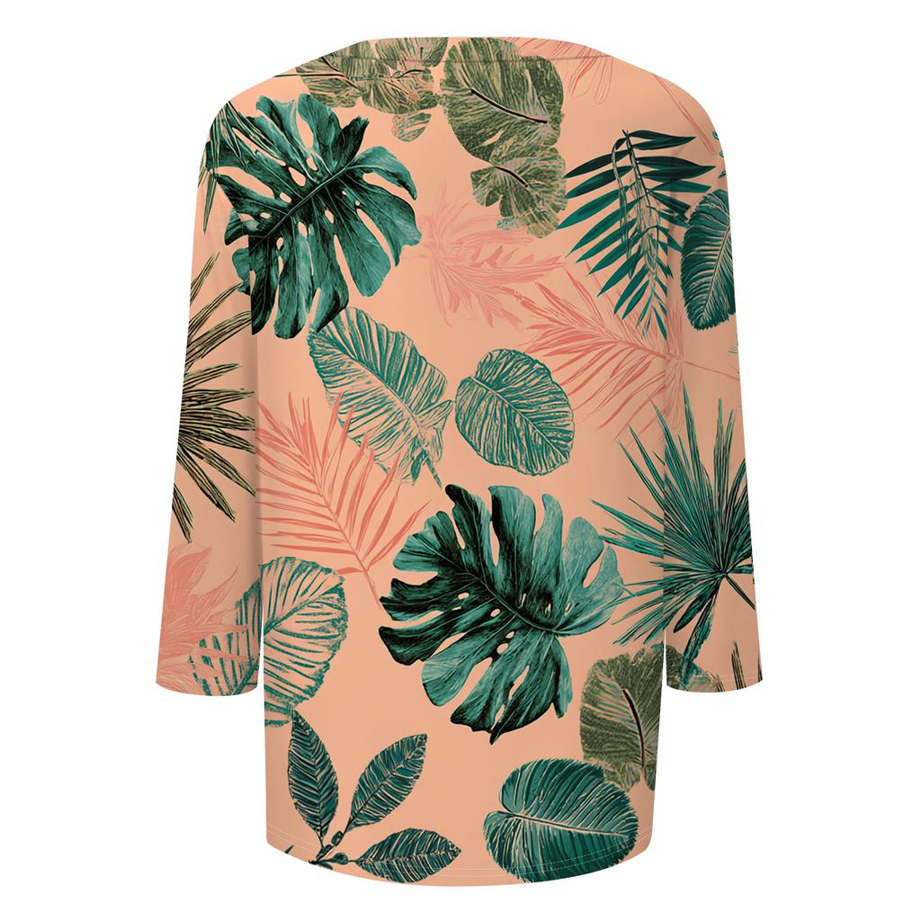 Women's Fashionable Casual Round Neck Three-quarter Sleeve Hawaiian Print T-shirt Top