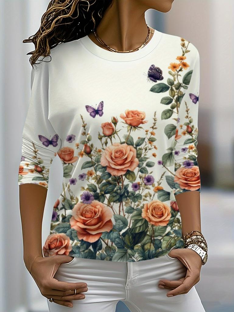 Women's T-Shirt Floral Graphic Plants Retro Long Sleeve O-Neck Pullover Regular Tops Daily 3D Print Autumn Tees Female Clothing