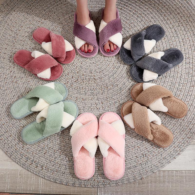 Autumn Winter Plush Cotton Cross-Open Warm Furry Slippers for Couples