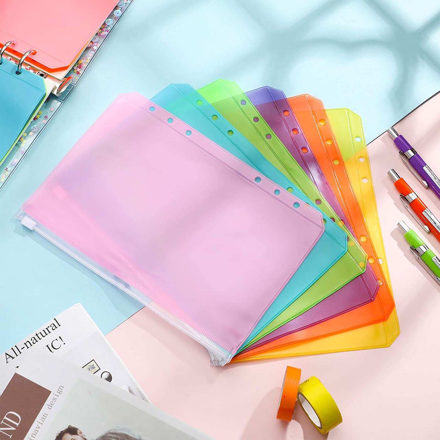 

12PCS A5 Size Binder Pockets 6 Colors Zipper 6-Hole Folders Waterproof PVC Pouch Document Bill Bags Storage Bags Type A