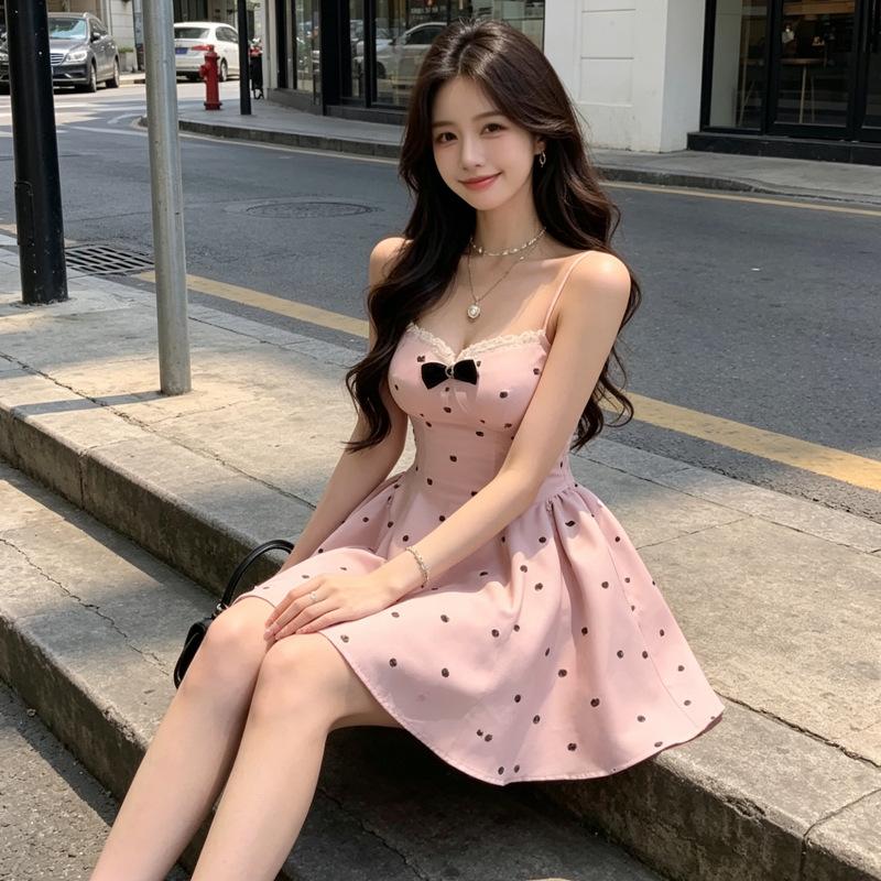 Bow suspender dress, women's summer pure desire to close the waist and look thin, short skirt with chest pad, slim and fluffy a-shaped skirt