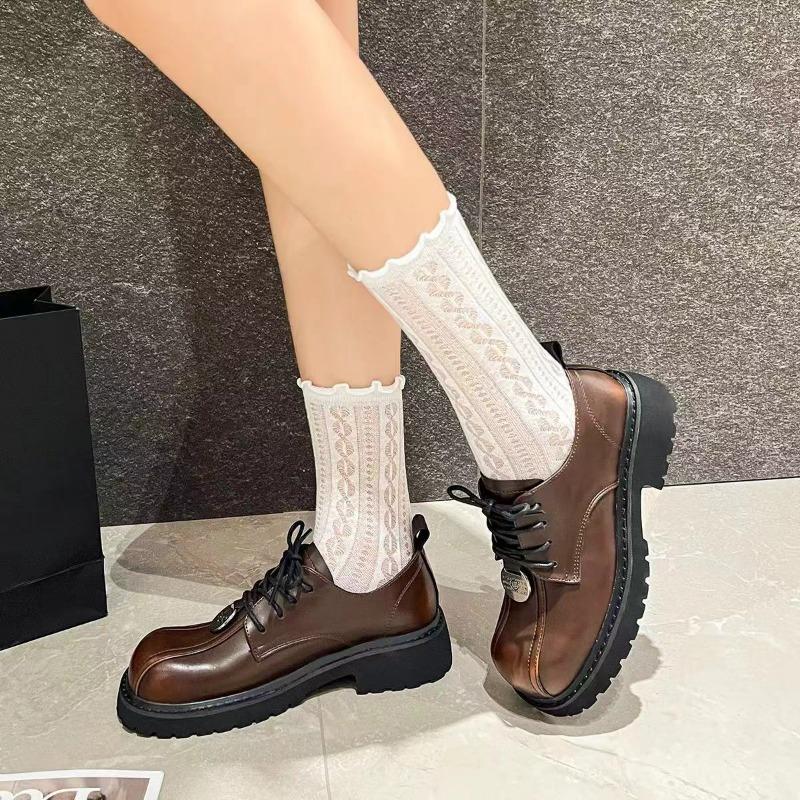 2024 New Women's Lace-Up Women's Shoes Autumn Round Toe Mixed Color Thick Sole Casual and Comfortable Women's Loafers
