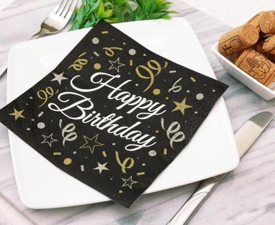 Happy Birthday Napkins Black 33X33Cm 20Pcs