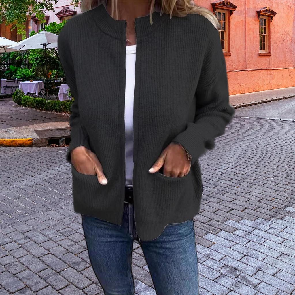 Women's Fashionable Solid Color Long Sleeved Stand Up Collar Zipper Loose Pocket Jacket Casual Jacket