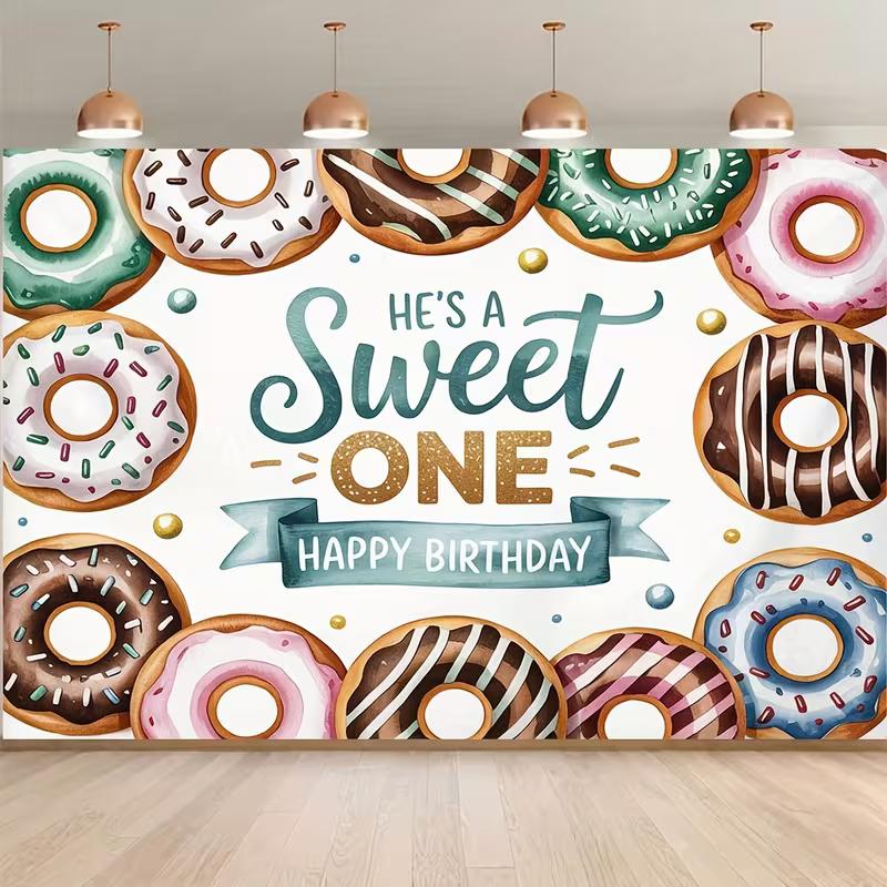 2D Sweet One Donut Themed Backdrop, 1st Birthday Party Photography Background Banner