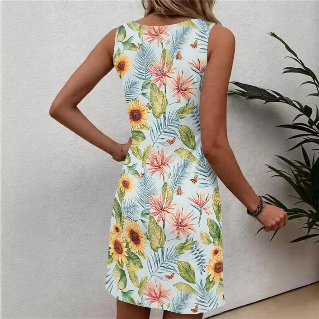 Robe d'été décontractée à fleurs pour femme, col rond, sans manches